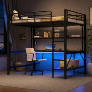 DESMIU Letto a soppalco 140 × 200 cm 2 posti con scrivania, scaffali, USB e LED, senza materasso, nero