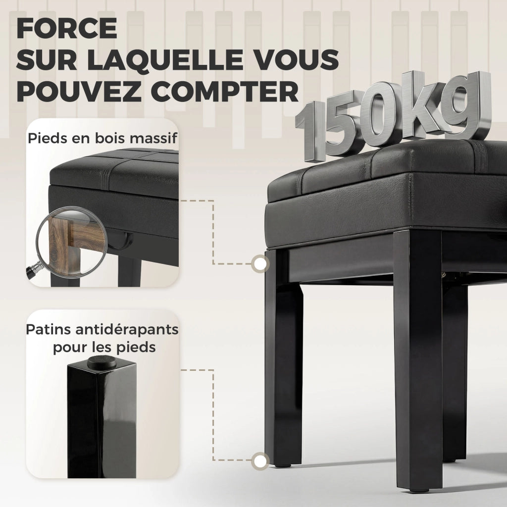 Sgabello da piano con contenitore integrato ¨C zephmum ¨C regolabile in altezza, legno di hevea, rivestimento sintetico nero