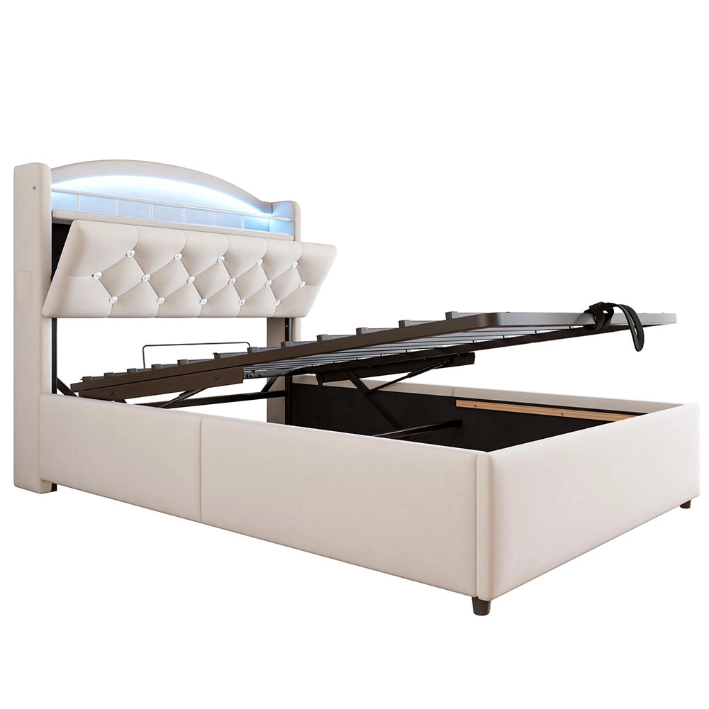 Letto bambino-Xylo-90x200 cm-LED, USB, spazio idraulico, velluto beige