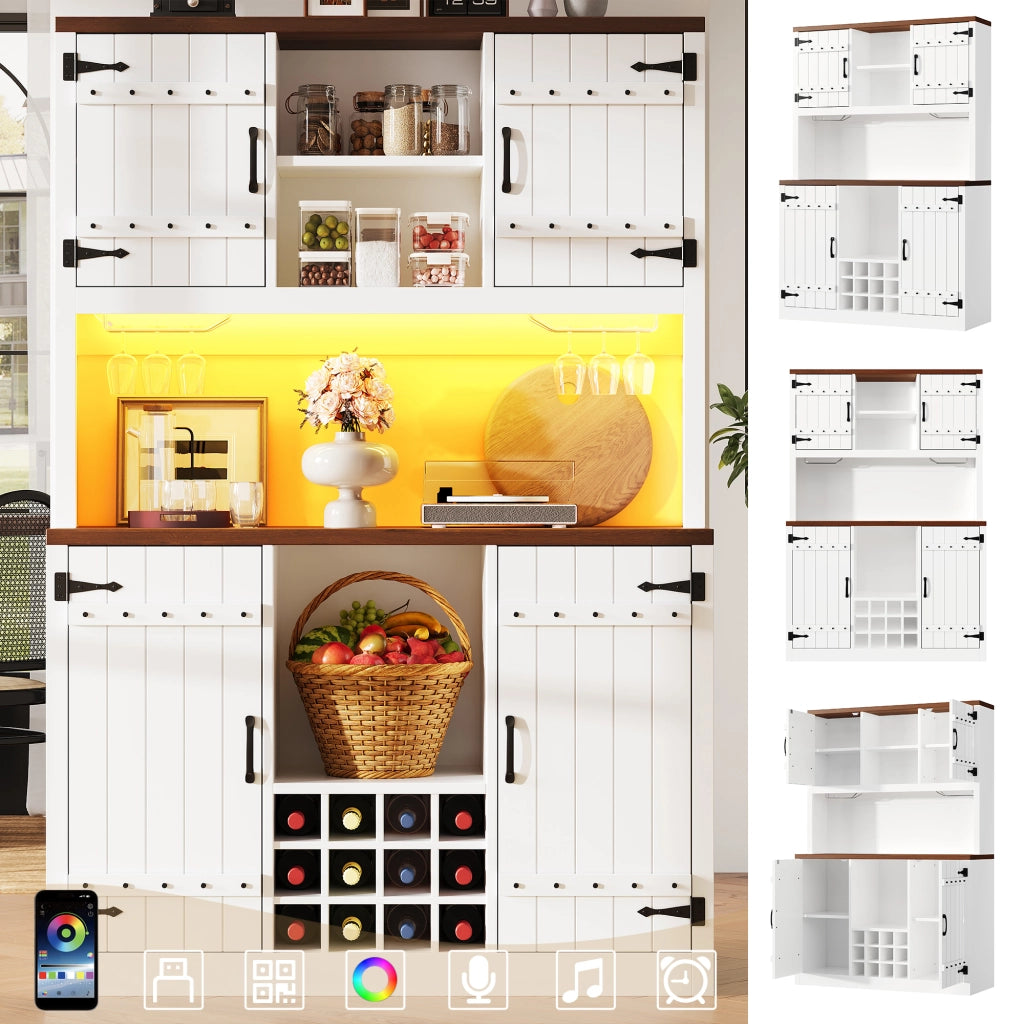 Credenza alta con LED RGB, 2 ante e vano aperto, ripiani regolabili, per cucina e soggiorno, bianco, 120 × 40 × 180 cm