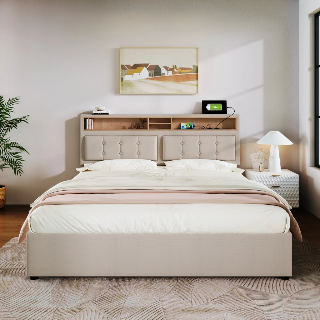 Letto Contenitore Matrimoniale con USB; Tipo C e 4 Vani 160 x 200 cm; senza Materasso; Lino; Beige