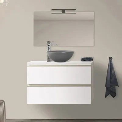 Mobile bagno sospeso 100 cm bianco opaco con top e specchio tondo Master