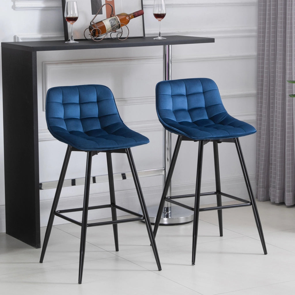 Set 2 Sgabelli Alti in Stile Nordico con Schienale e Poggiapiedi, Sgabelli Cucina con Schienale in Tessuto Effetto Velluto e Metallo, 45x47x88 cm, Blu
