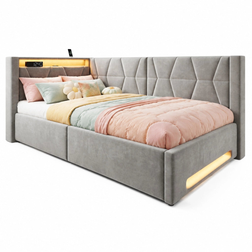 Letto Contenitore Letto Singolo 90x200 cm; USB; Type-C; LED; in Velluto; Grigio Scuro