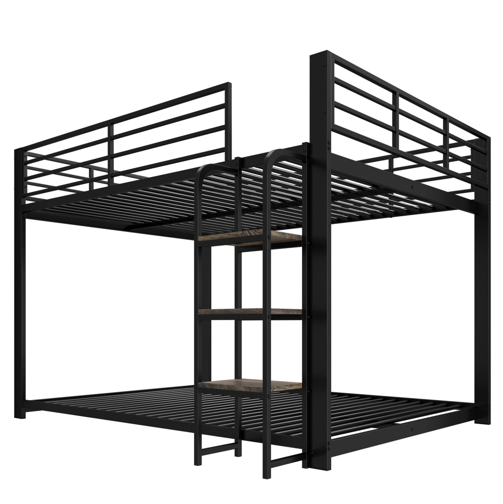 Letto a castello 140x200 cm con scala ampia e spondine di sicurezza in MDF e metallo nero