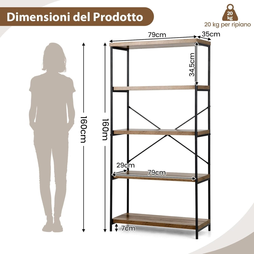 Libreria a 5 Piani, Scaffale Industriale in Legno con Struttura in Metallo, Aste di Sostegno a X Dispositivo Antiribaltamento, per Soggiorno Ufficio, 79x35x160 cm (Marrone)