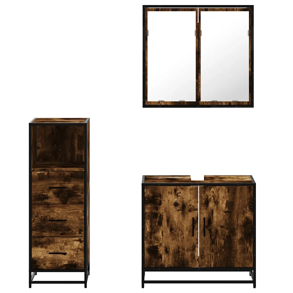 Set Mobili da Bagno 3 pz Rovere Fumo in Legno Multistrato 3301007