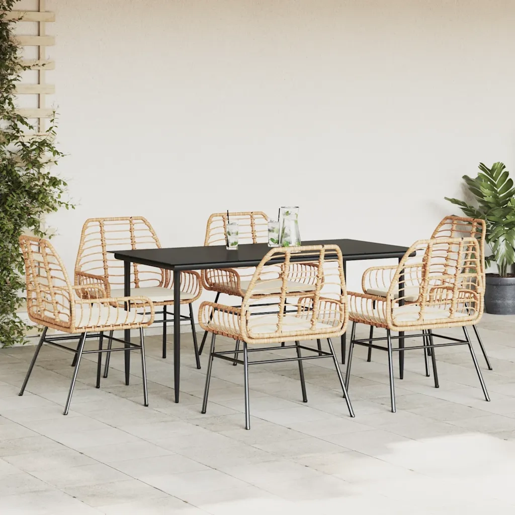 Set Pranzo da Giardino 7pz con Cuscini Marrone Polyrattan Vetro 3334461