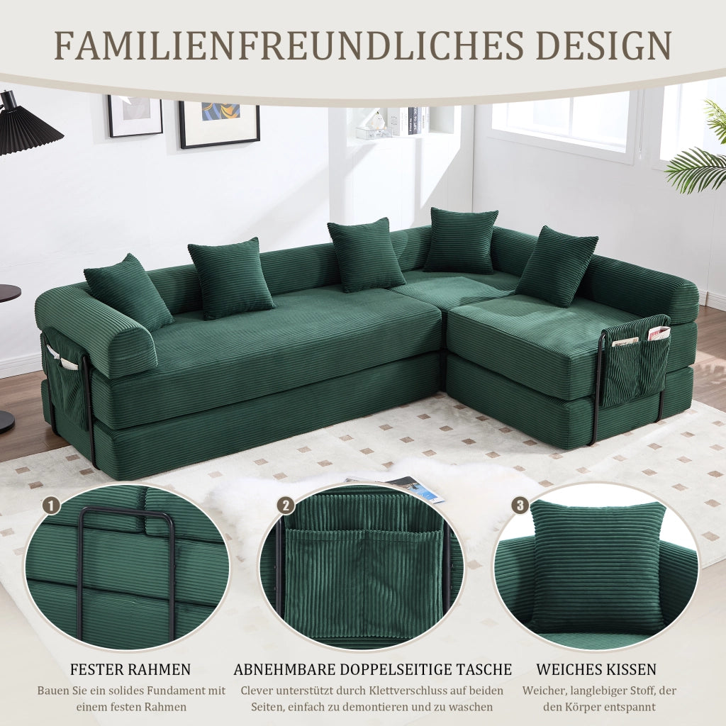 SOFÀ Modulare 270x180x64 cm Verde Smeraldo in Velluto a coste