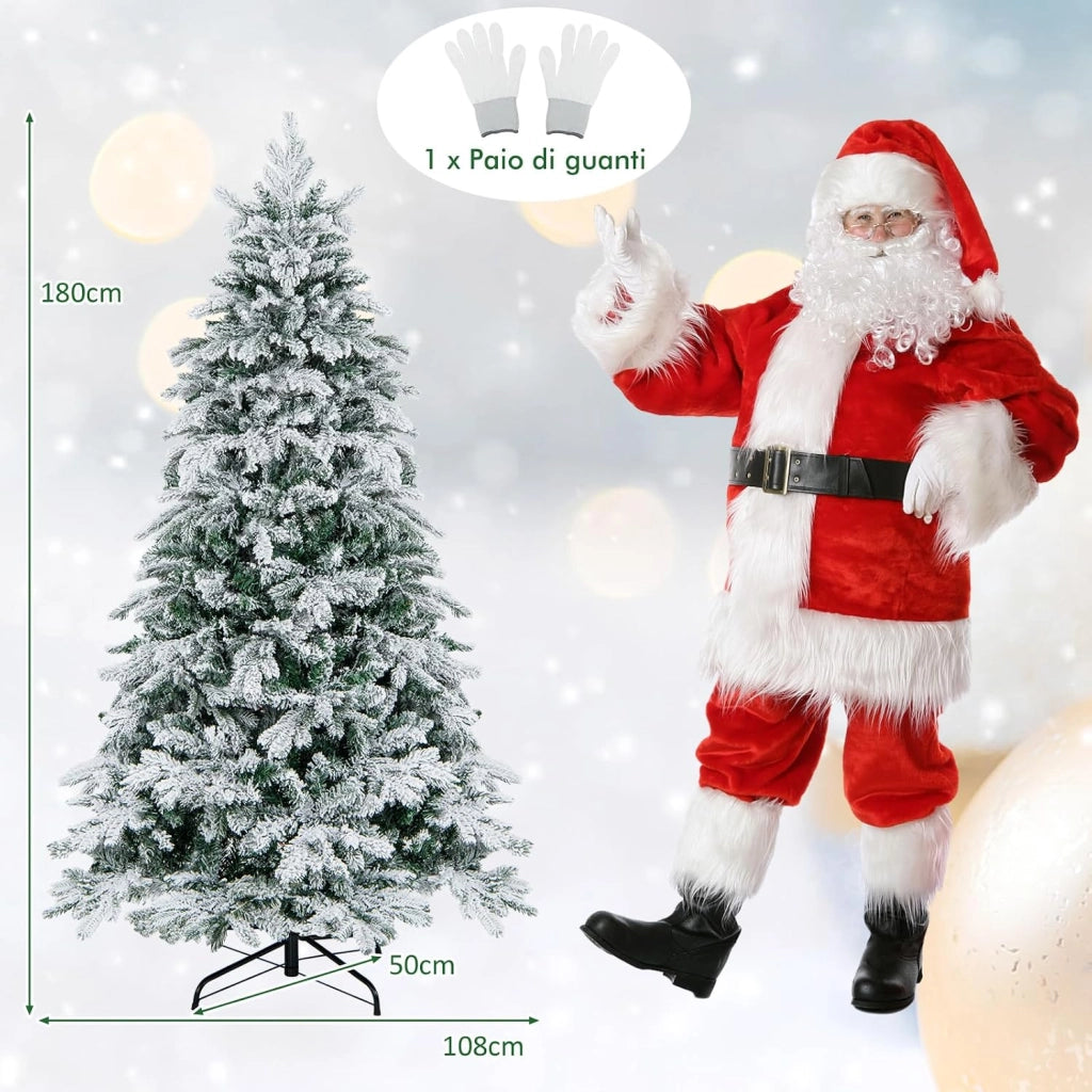 Albero di Natale Innevato 135/180/210 CM, Albero di Natale Artificiale Pre-Illuminato con 120/260/300 Luci LED, 757/1415/1684 Punte e Giunti a Cerniera (180 cm)