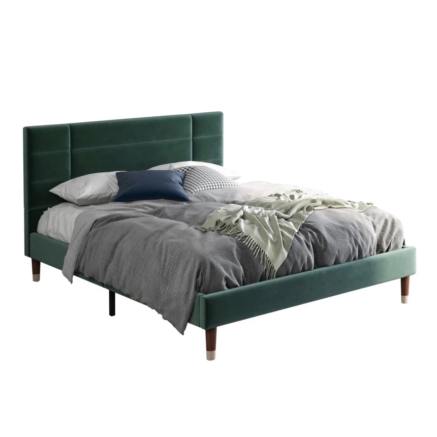 Letto imbottito matrimoniale 140x200 cm in velluto verde con rete e materasso, design moderno