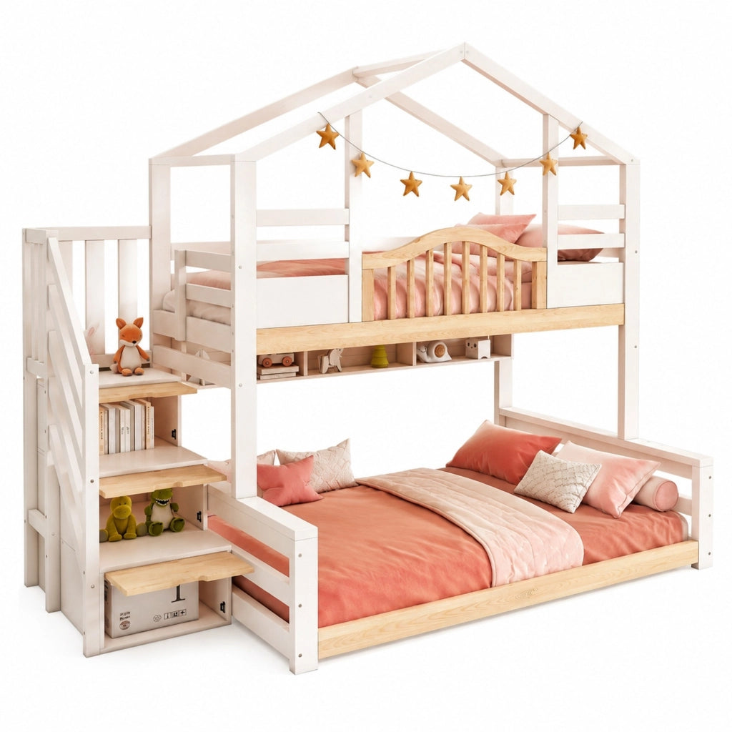 Letto a castello per bambini in legno bianco e naturale 90x200/140x200 con scala contenitore