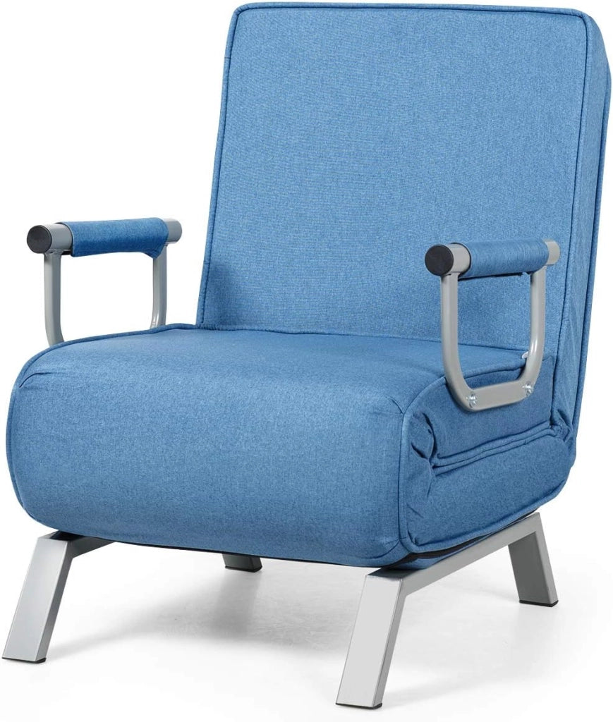 2 in 1 Poltrona Letto Pieghevole, Schienale Regolabile a 5 Livelli, con Braccioli e Cuscinetto, Chaise Longue Soggiorno, Telaio in Metallo, Carico di 150 kg, 59x78,5x83 cm, 5 Colori