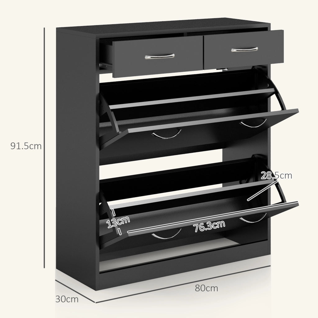 Scarpiera con 2 Cassetti e 2 Ripiani Regolabili ¨C Zephmum ¨C Legno, Nero, 80x30x91.5 cm
