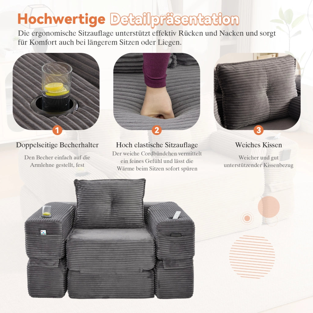 Divano convertibile in corduroy con tasche laterali e portabicchieri schienale in memory foam grigio scuro 122 × 98 × 80 cm