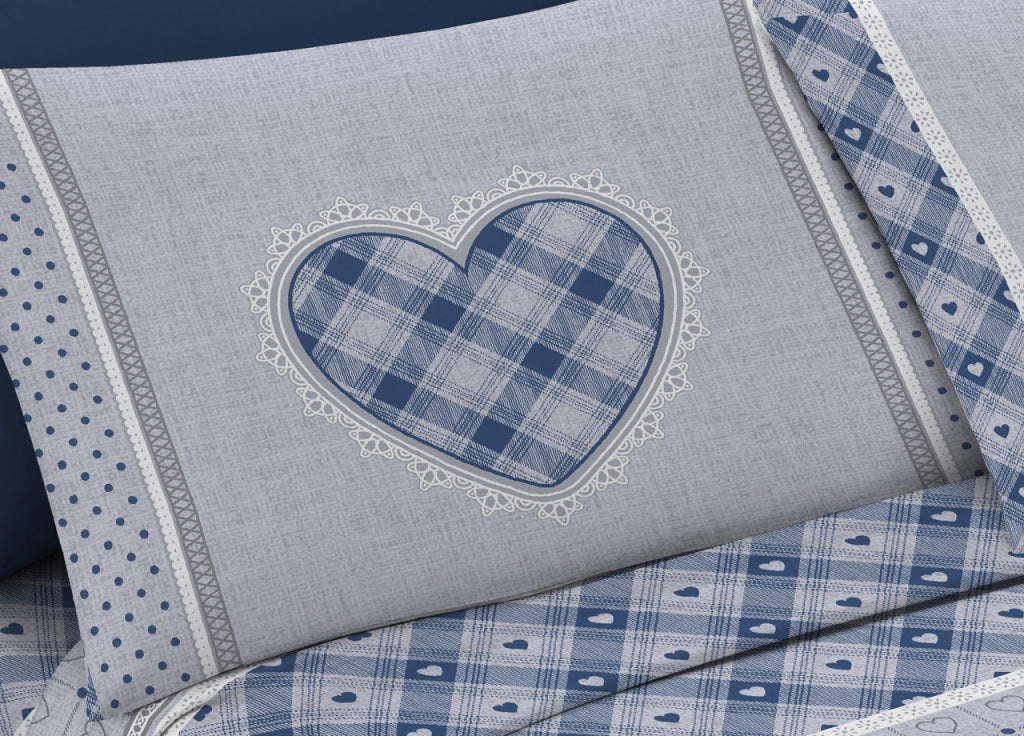 Completo Lenzuola Flanella Pensieri Delicati 100% Cotone Disegno Chalet - Piazza E Mezza - Blu