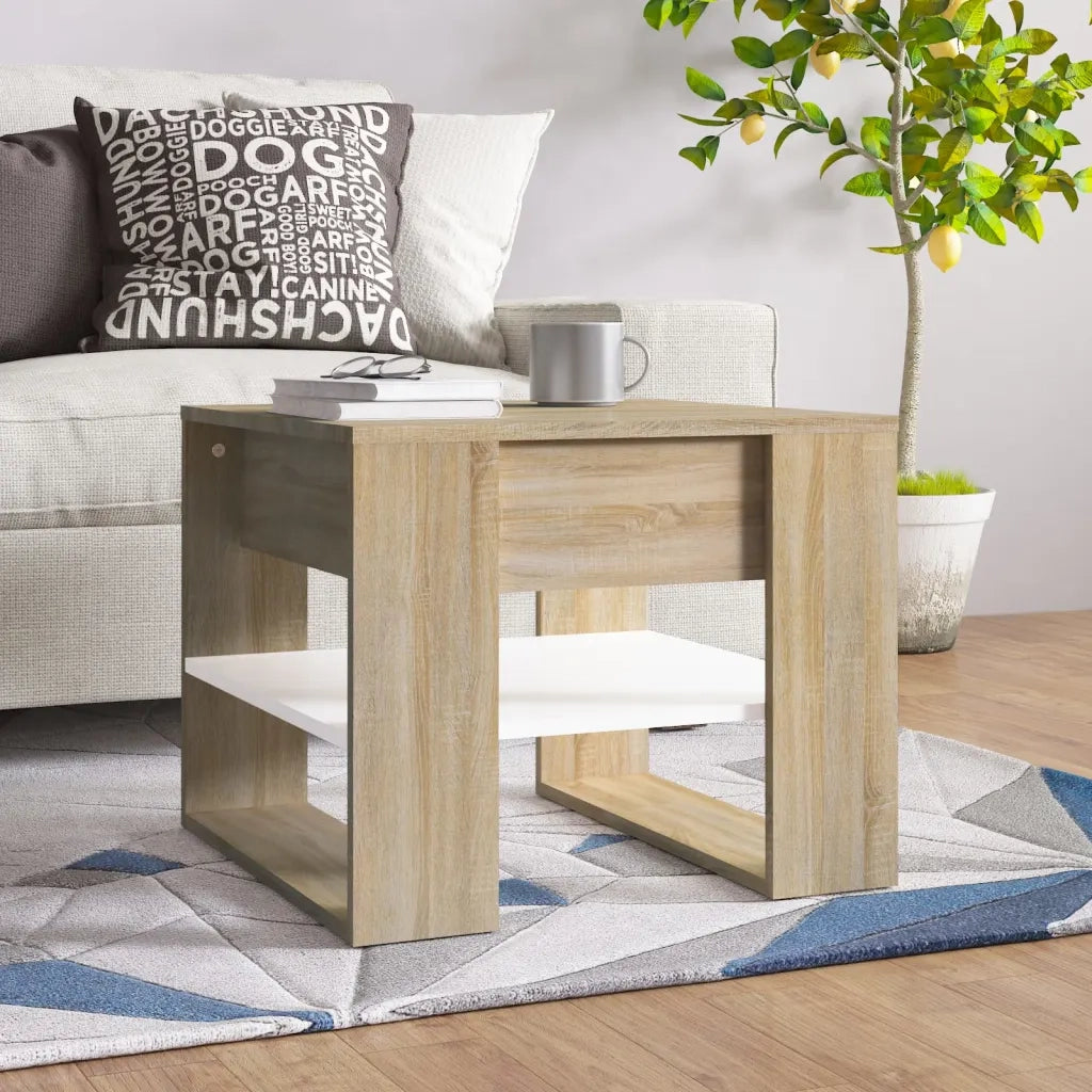 Tavolino Bianco e Rovere Sonoma 55,5x55x45 cm Legno Multistrato 810913