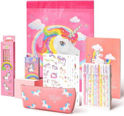 Set di scrittura 37 pezzi Unicorn, regalo per bambine di 4, 5, 6, 7 e 8 anni, set di penne con astuccio, adesivi, quaderno, rosa