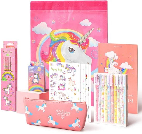 Set di scrittura 37 pezzi Unicorn, regalo per bambine di 4, 5, 6, 7 e 8 anni, set di penne con astuccio, adesivi, quaderno, rosa