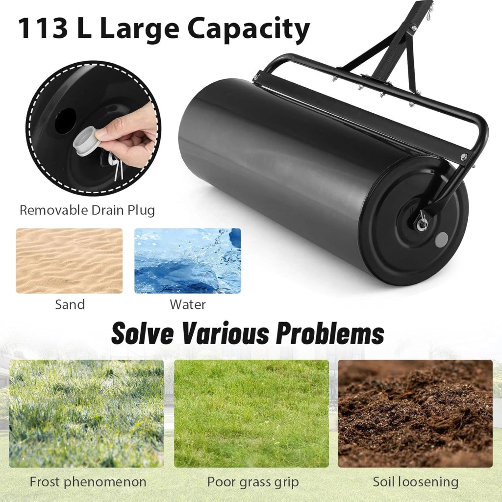 Rullo da Giardino Ø40 cm e 90 di Larghezza, Rullo da Prato in Metallo Manuale e per Trattorino, Rullo con Raschiatore Antisporco e Riempibile con Acqua/Sabbia (Nero, 113L)