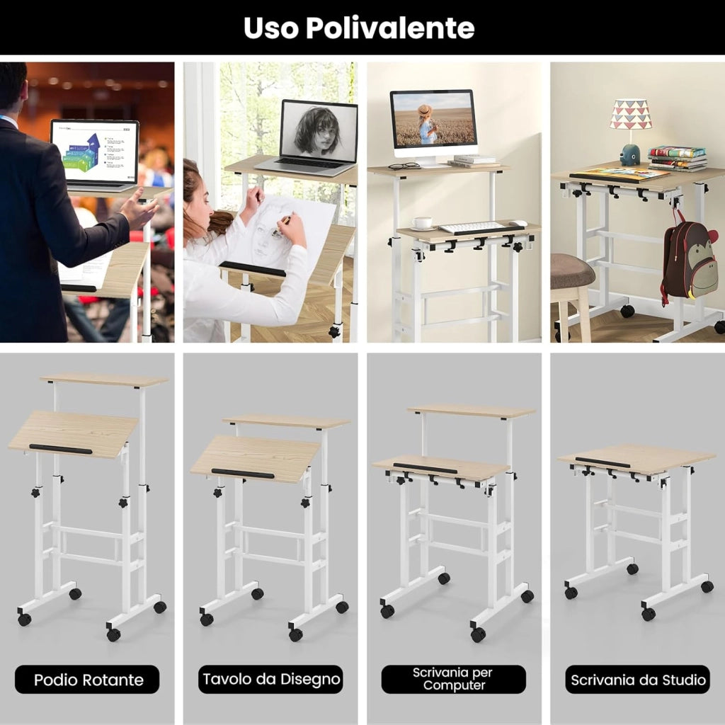 Scrivania per Computer Regolabile in Altezza, Postazione di Lavoro per Computer con Ruote e Ganci, Tavolo Porta PC per Studio e Ufficio, 60 x 60 x 72-124 cm (Naturale)