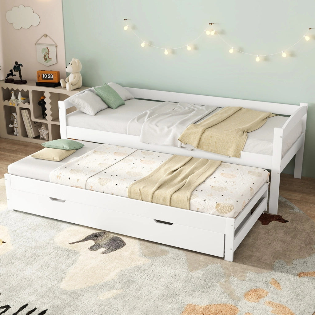 Letto Estraibile 200x90 cm e 190x90 cm; con 2 Cassetti e Sponda - in Legno - Bianco