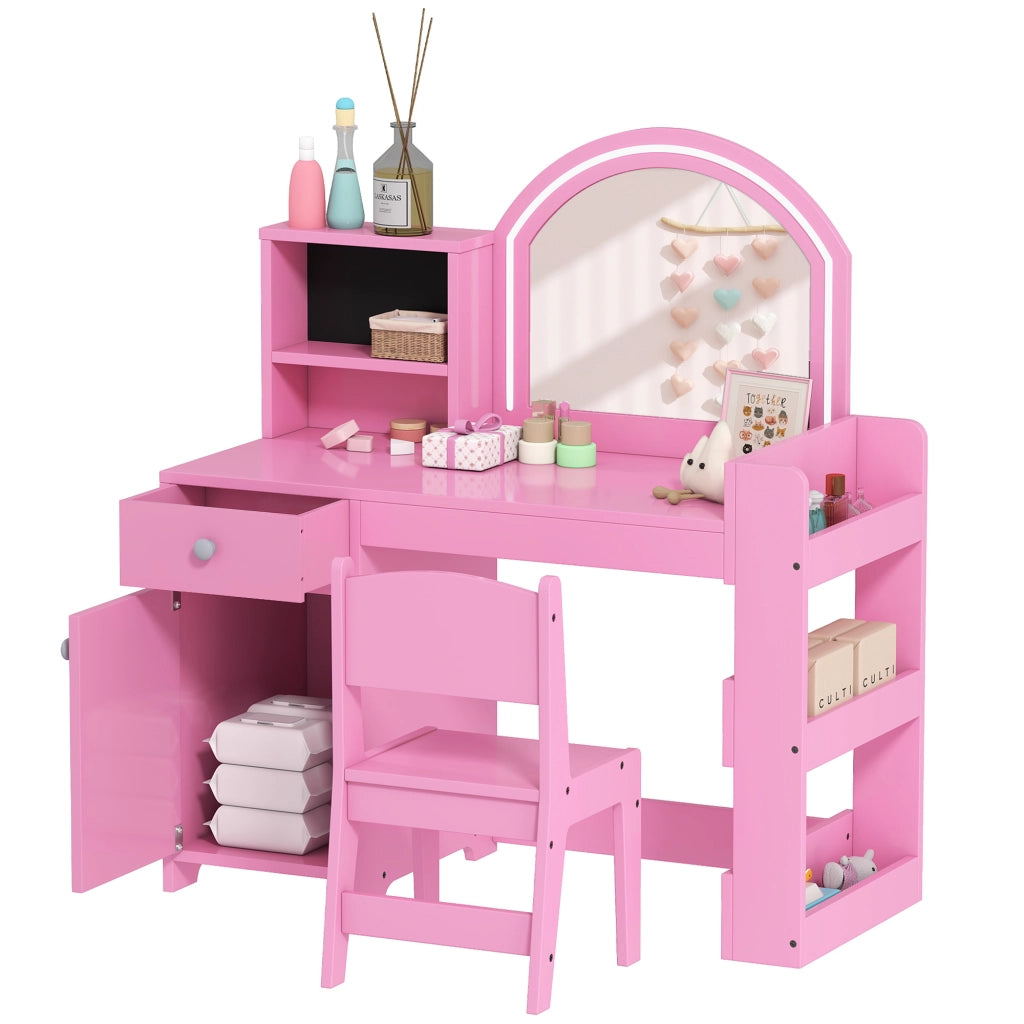 Set trucco e toeletta bambini con specchio, sedia, luce LED, scaffali e libreria ¨C zephmum ¨C rosa