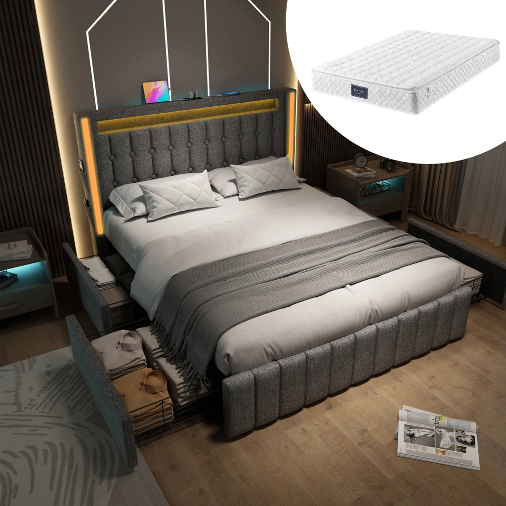 Letto matrimoniale – 140x200 cm – USBC LED 4 cassetti con materasso – legno grigio