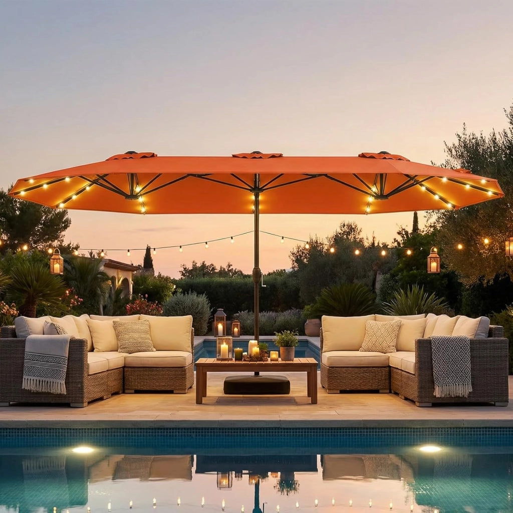 Ombrellone da Giardino Doppio 400 x 200 cm, con 36 Luci LED Solari, Manovella 12 Stecche, Base, Anti-UV, Rettangolare, per Giardino Piscina Cortile (Arancione)