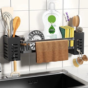 Organizzatore per rubinetti in acciaio inossidabile con cassetto rimovibile - Supporto per asciugamani e ganci - Supporto per spugne - Organizzatore per doccia per cucina e bagno - Appeso