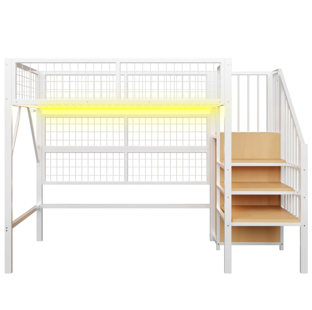 Letto a soppalco 90x200 cm con LED e scala con spazio contenitore in metallo bianco