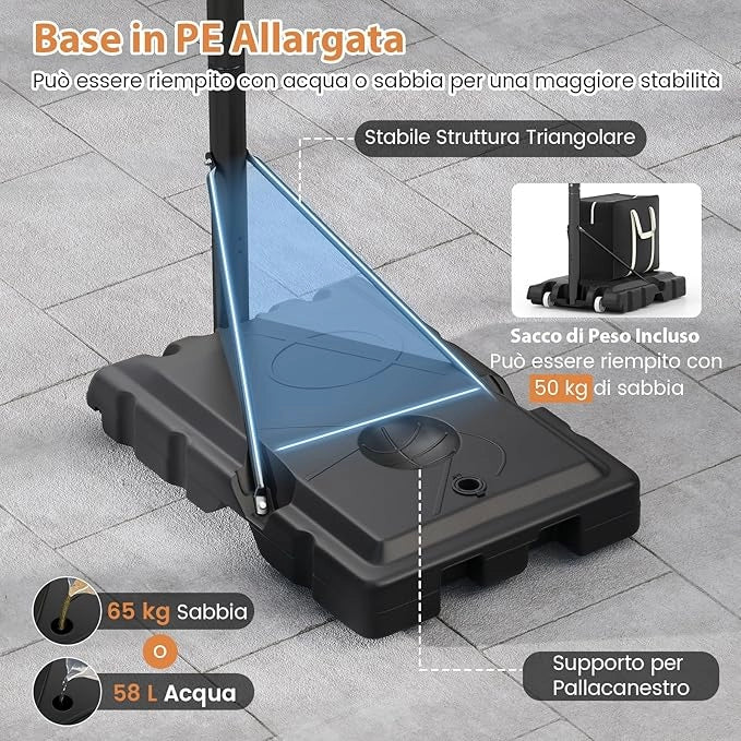 Canestro da Basket da Esterno, Canestro Basket Portatile e Regolabile in Altezza da 1,5 a 3 M con Tabellone in PC da 111 cm, Base Riempibile, Borsa per Pesi e Ruote