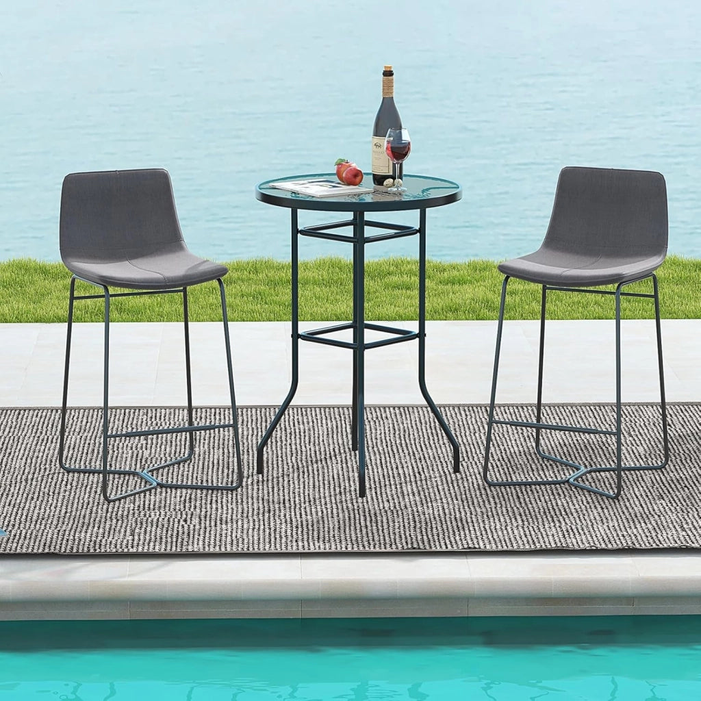 Tavolo da Bar per Giardino, Tavolo 97 cm con Piano in Vetro Temperato e Telaio in Metallo, Tavolo da Esterno per Giardino, Balcone, Cortile, Bordo, 68 x 68 x 97 cm