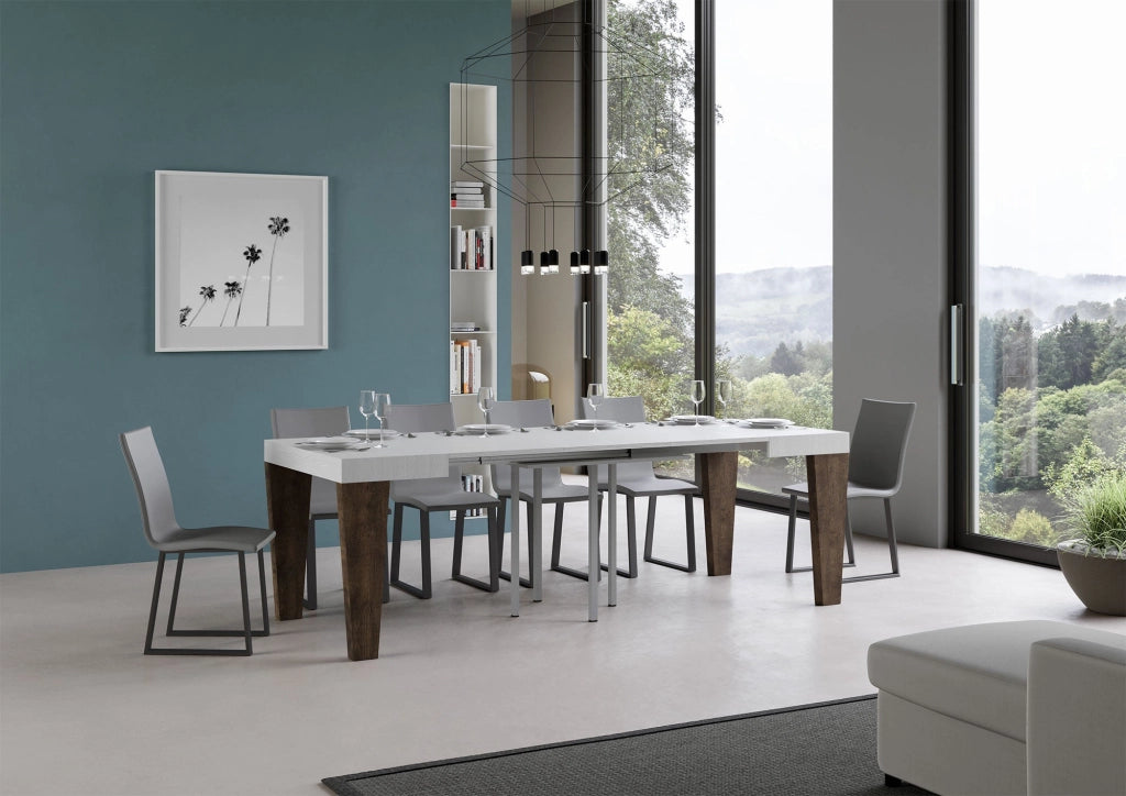 Tavolo Allungabile 90/246x90x77 cm Spimbo Mix piano Bianco Frassino  gambe Noce