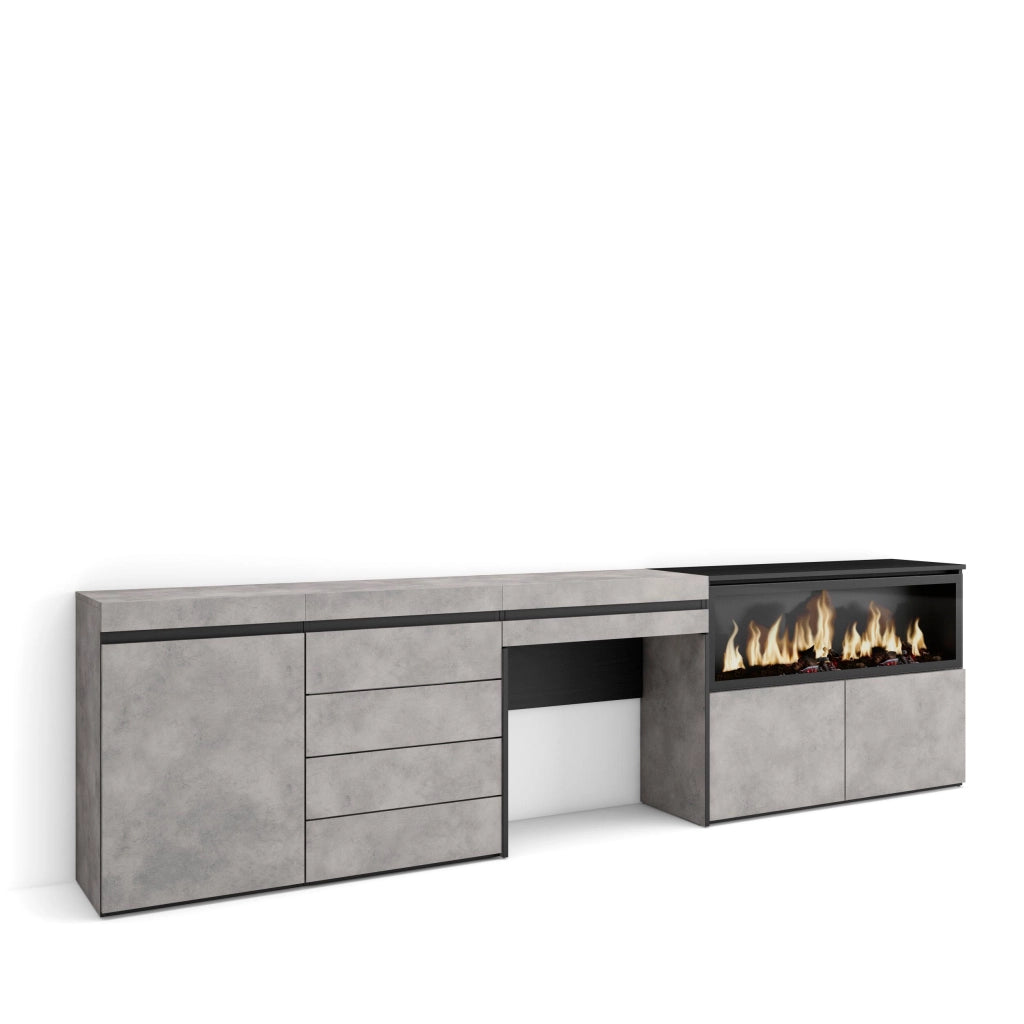 Tavolo da toeletta, 284x35x75cm, Con cassetto, Camino elettrico XXL, Cassettiera, grigio cemento RF3468