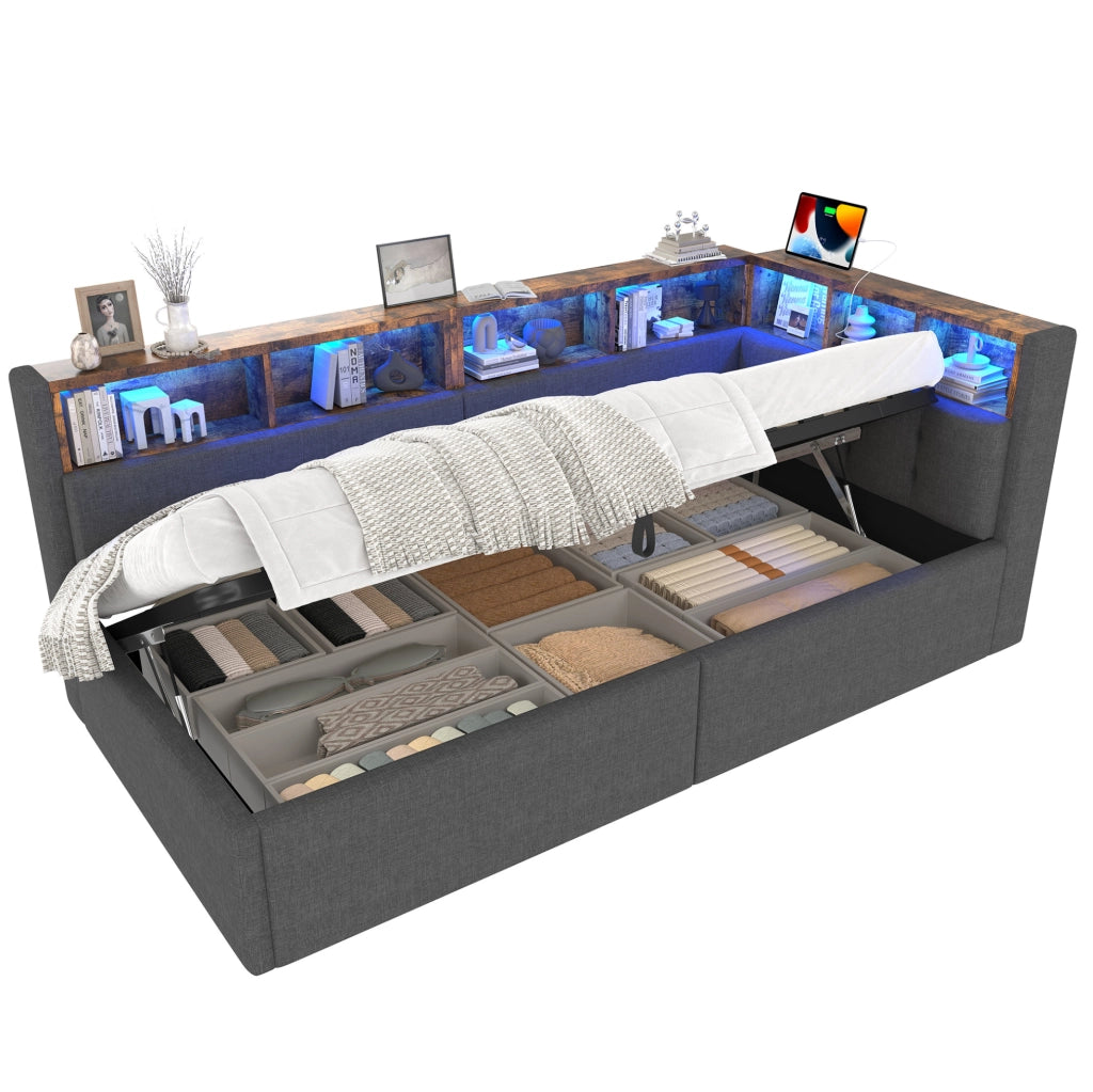 Divano letto 90x200 cm con luci LED e porte USB e Tipo C; in lino grigio