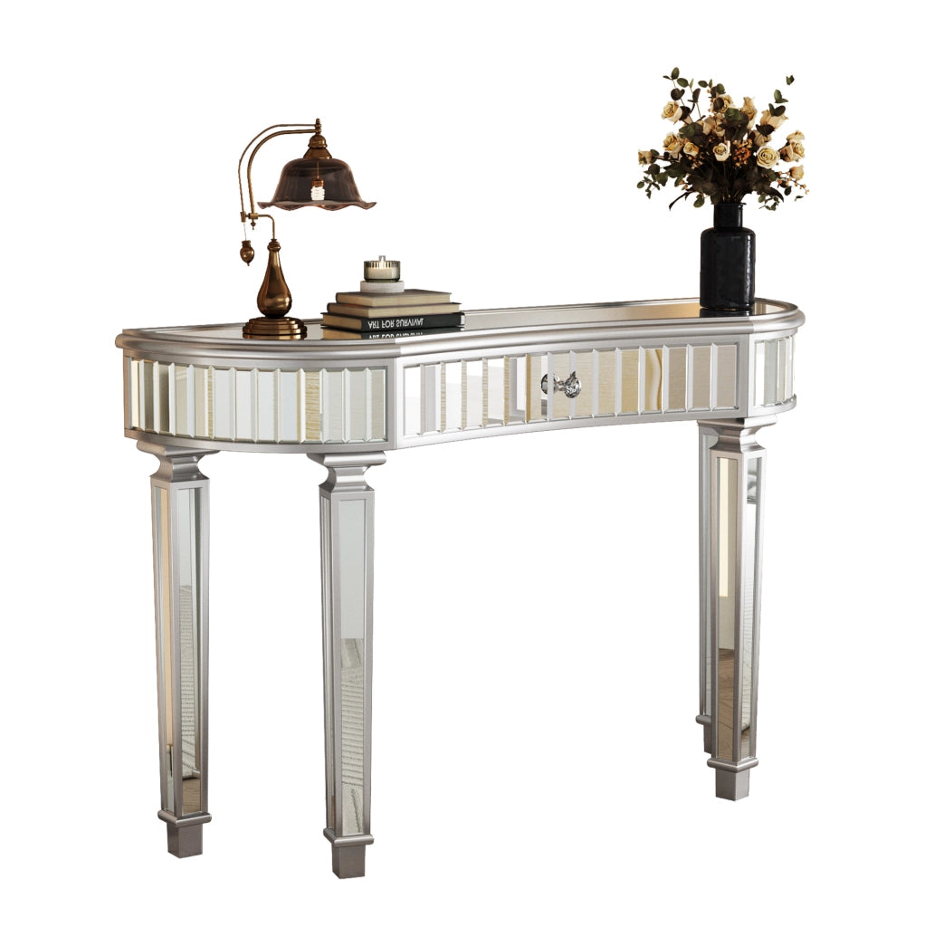Tavolo consolle a mezzaluna specchiato 120 cm grigio e argento con cassetto