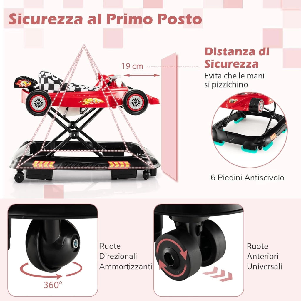 4 in 1 Girello per Bambini, Primi Bassi per Neonati con Altezza Regolabile, Girello Pieghevole con Vassoio Rimovibile, Musica e Luci, per Bambini 6+ Mesi (Rosso)