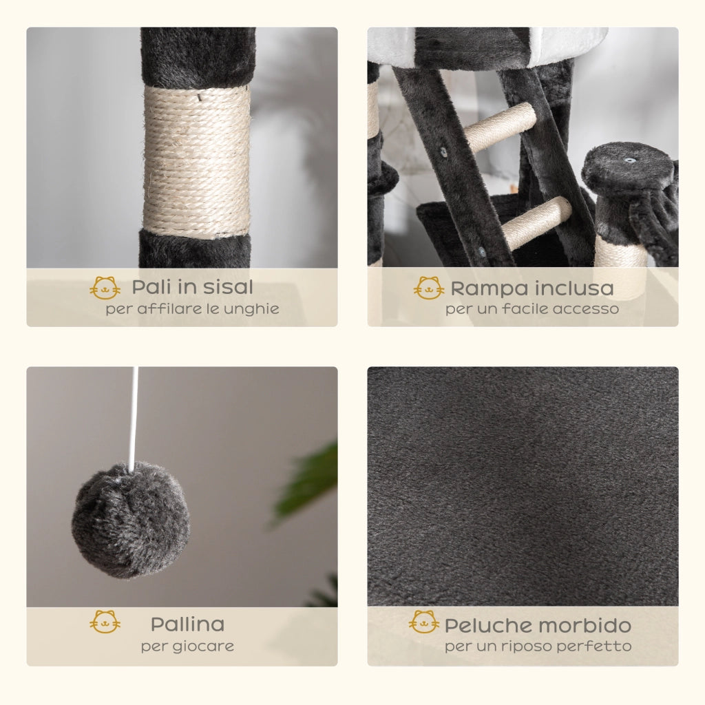 EasyComfort Tiragraffi per Gatti a Soffitto con Altezza Regolabile 240-260 cm, Albero Tiragraffi per Gatti Multilivello con Cucce, Amache e Scale, Corde in Sisal, Grigio Scuro e Bianco