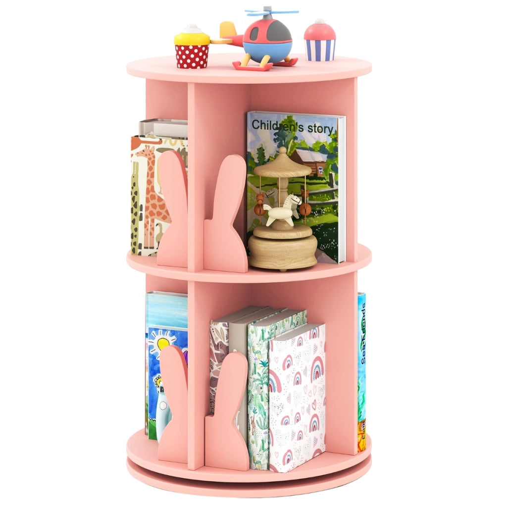 Libreria rotante per bambini scaffale girevole a 360¡ã con 2 ripiani-Portaoggetti con paratie a forma di coniglio Rosa