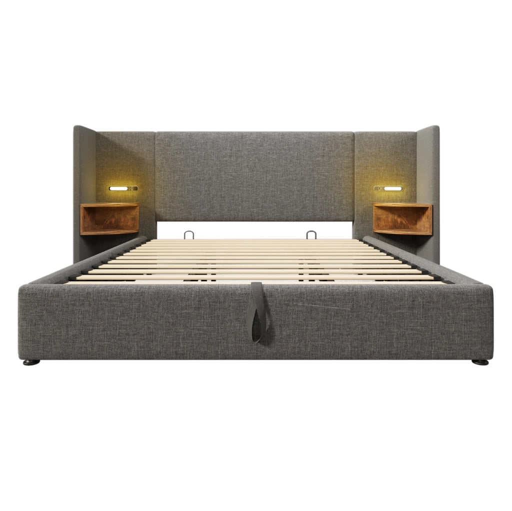 Letto matrimoniale 180x200 grigio con contenitore, luce LED, USB e Type-C