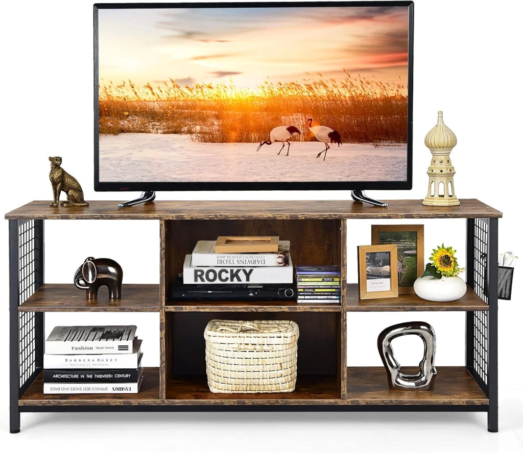 Mobile TV, mobile TV, mobile TV, supporto per TV fino a 65 pollici, cassettiera bassa, in legno con scomparti aperti e cestino portaoggetti, mensola TV industriale 140 x 40 x 63 cm