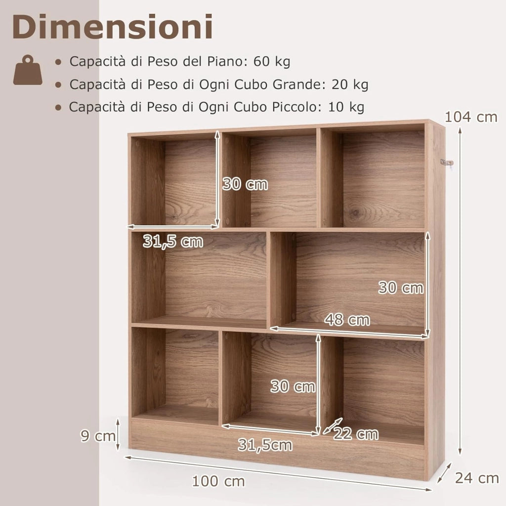 Libreria a 8 Cubi, Organizzatore di Stoccaggio a 3 Ripiani con 2 Kit Anti-Ribaltamento, Scaffale Multiuso in Legno per Soggiorno, Ufficio Stanza Bambini, 100x24x104 cm (Naturale)