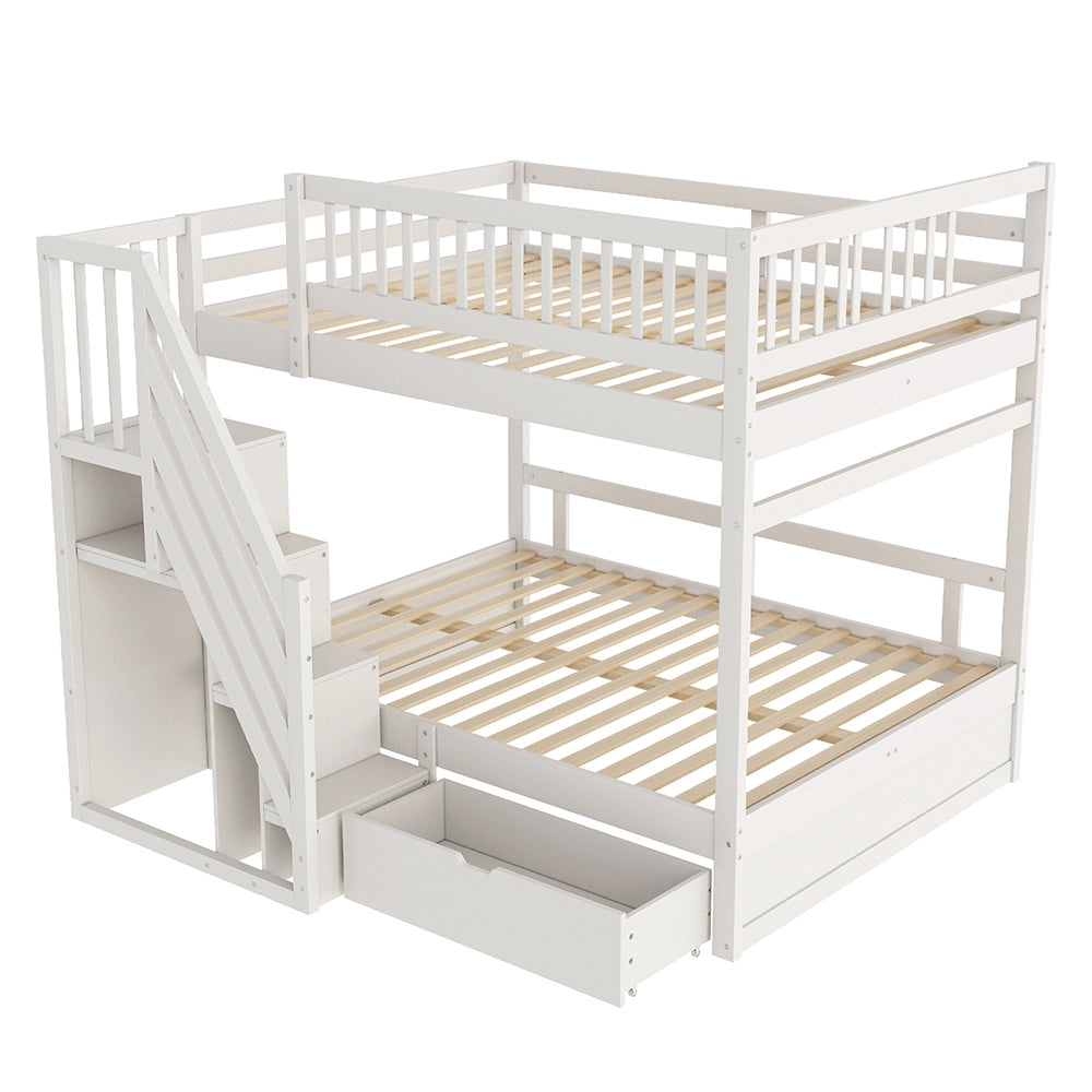 Letto a castello massiccio 140x200cm - Xylo - bianco, scala con ripiani, cassetti, EN747
