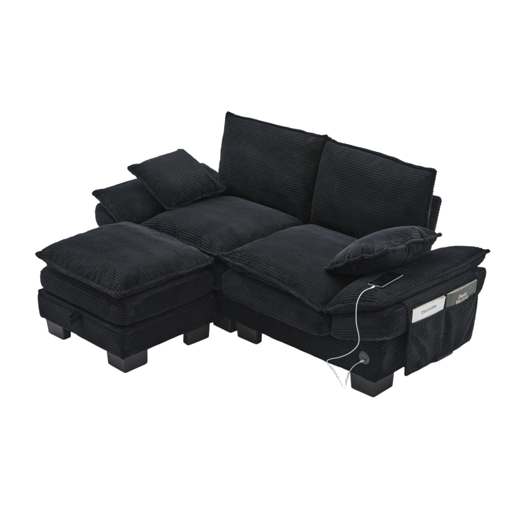 Divano 2 posti ULEVR con pouf contenitore, USB-C e tasche laterali, velluto a coste nero, 190x132x84 cm