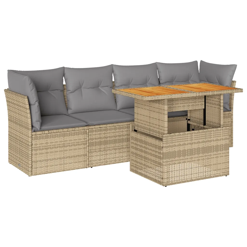 Set Divano da Giardino 5 pz con Cuscini Beige in Polyrattan