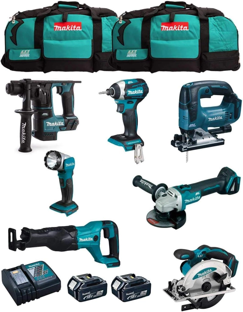 MAKITA Kit MK703 (DHR171 + DGA504 + DTD154 + DJR186 + DJV182 + DSS610 + DML802 + 2 Batterie 5,0 Ah + Caricabatterie + 2 x LXT600)