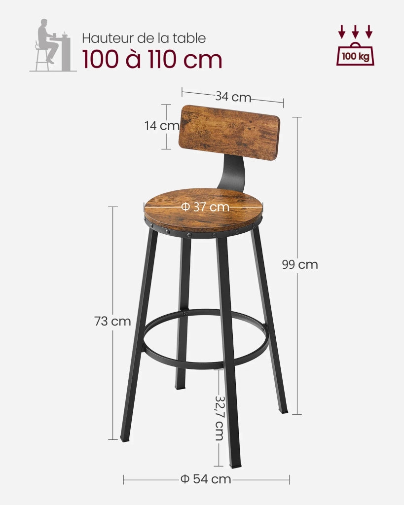 Set di 2 sgabelli da bar/sgabelli alti con schienale sedute da cucina struttura in acciaio altezza seduta 73 cm montaggio facile stile industriale marrone 12_0006194