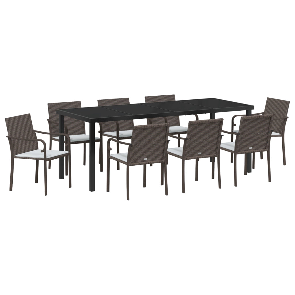 Set da Pranzo da Giardino 9 Pezzi con Cuscini in Polyrattan Marrone