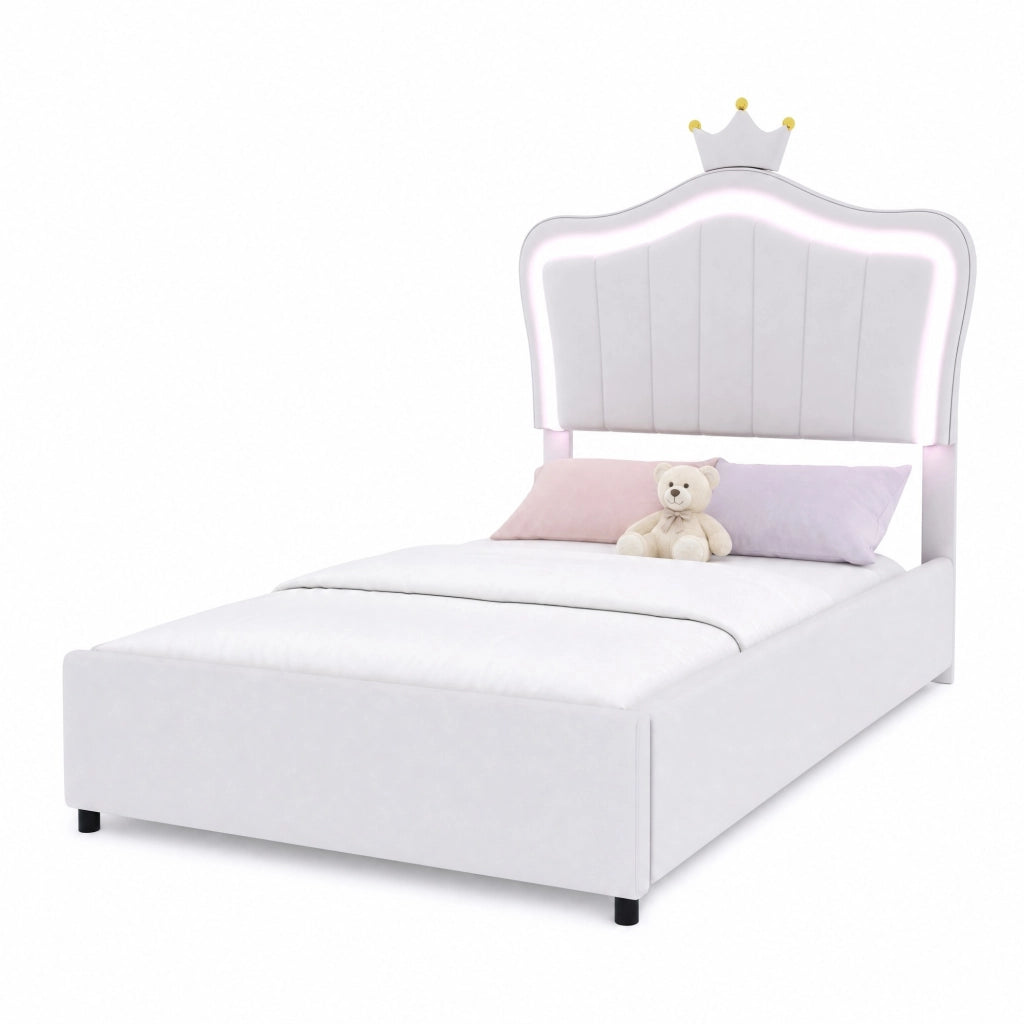 Letto imbottito per bambini 90x200 cm con LED; contenitore idraulico; testiera a conchiglia bianca